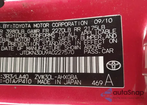 2010 Toyota Prius Iv z USA, uszkodzony, nr VIN JTDKN3DU9A0227570